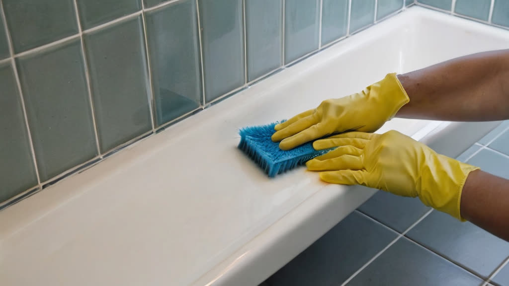 Close up of professional cleaning grout scrubbing in a bathroom.