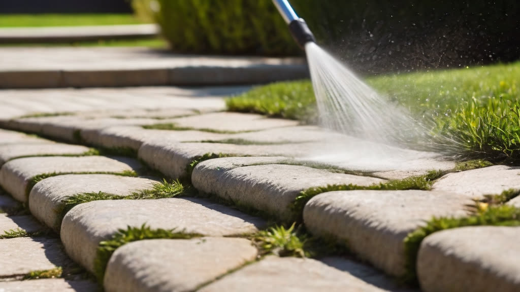 Pressure washing a stone walkway to remove dirt and salt.