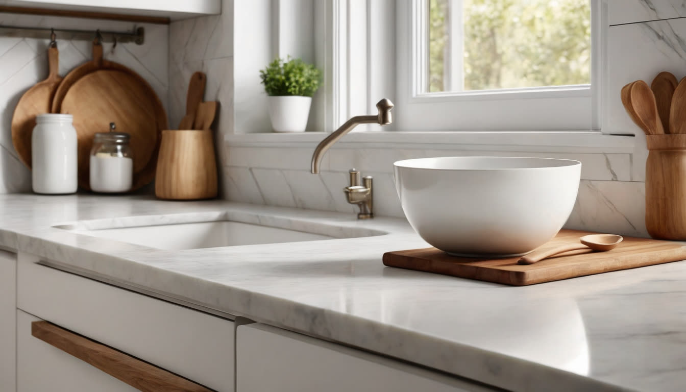 A bright, sunlit modern kitchen with clean marble countertops.