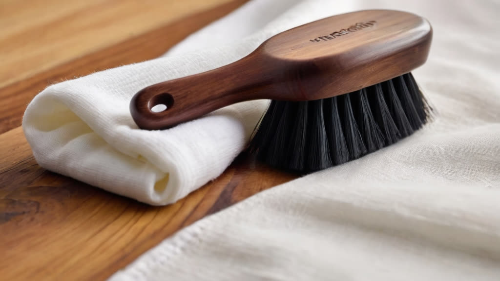 Silicone kitchen brush and clean cloth on a wooden surface.