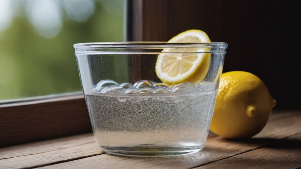 A cleaning solution setup with water, soap, and vinegar for window cleaning.
