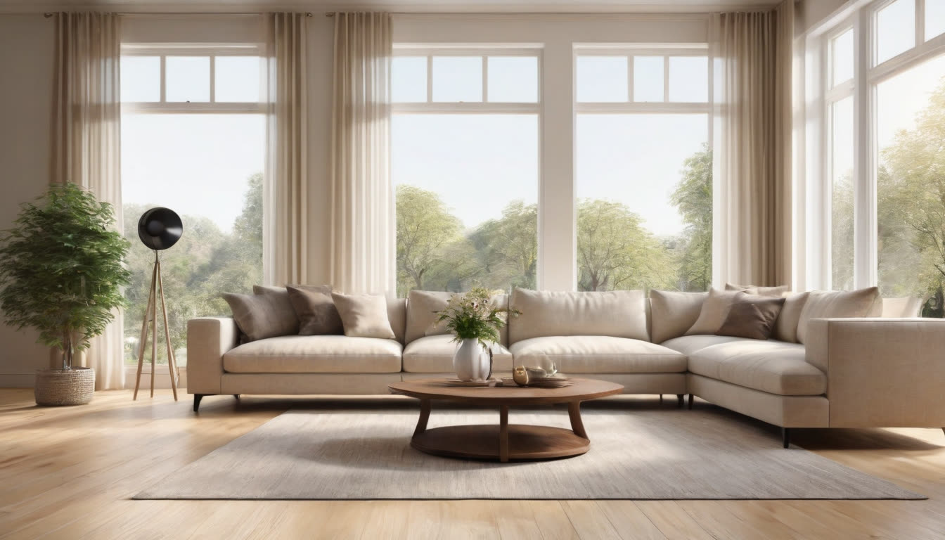 A clean and bright, sunlit modern living room representing a professionally cleaned home.