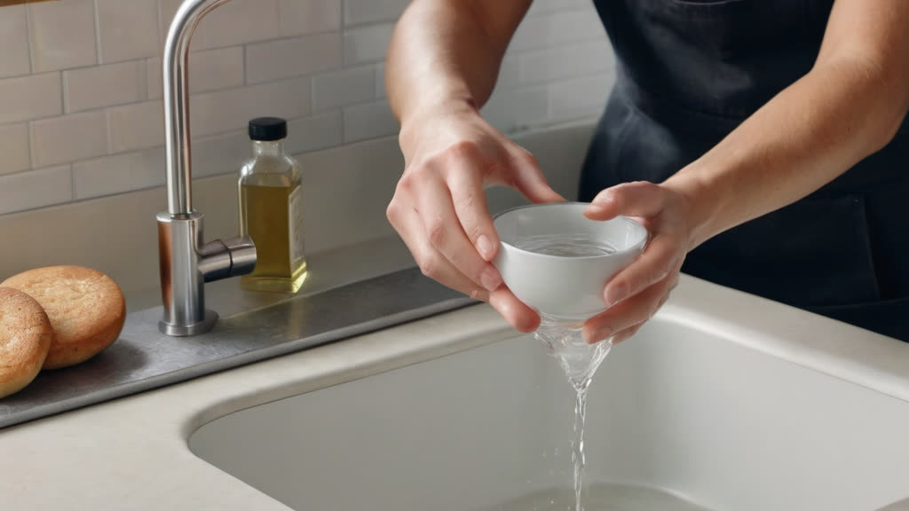 Preparing a vinegar and water solution for cleaning hard water spots.