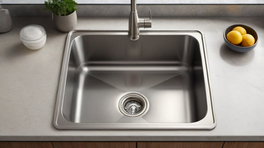 Using a microfiber cloth to buff a stainless steel sink to a shine.