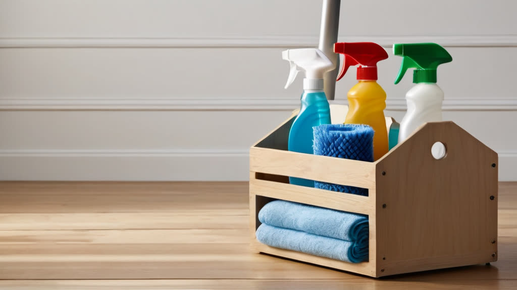Organized cleaning supplies used by a professional maid service for consistent results.