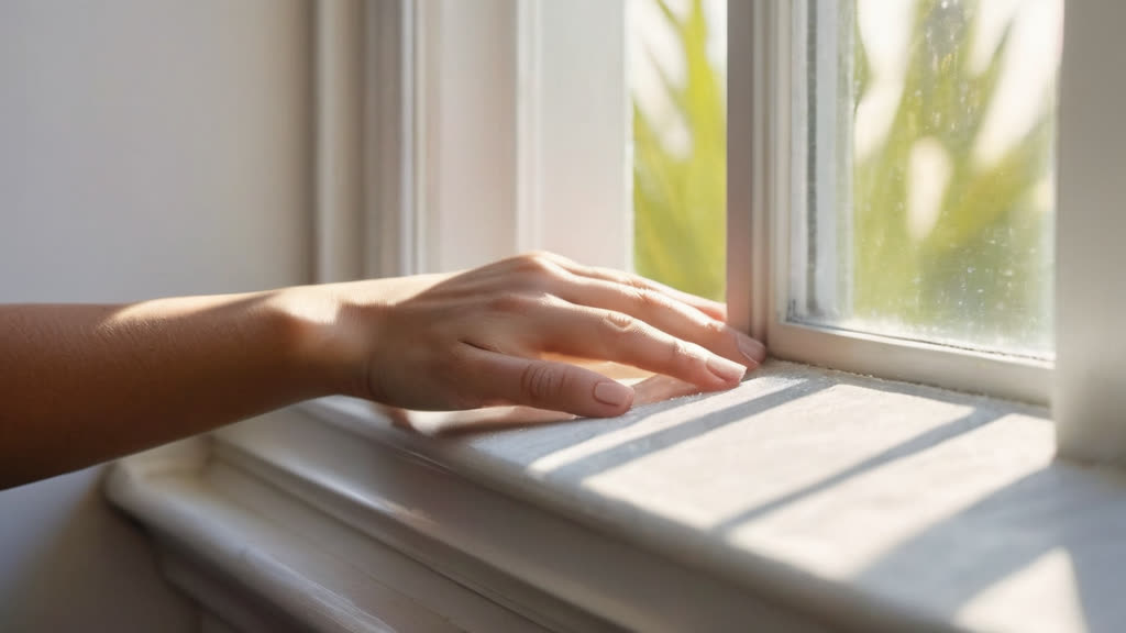 Cleaning dust from a bright, sunny windowsill.