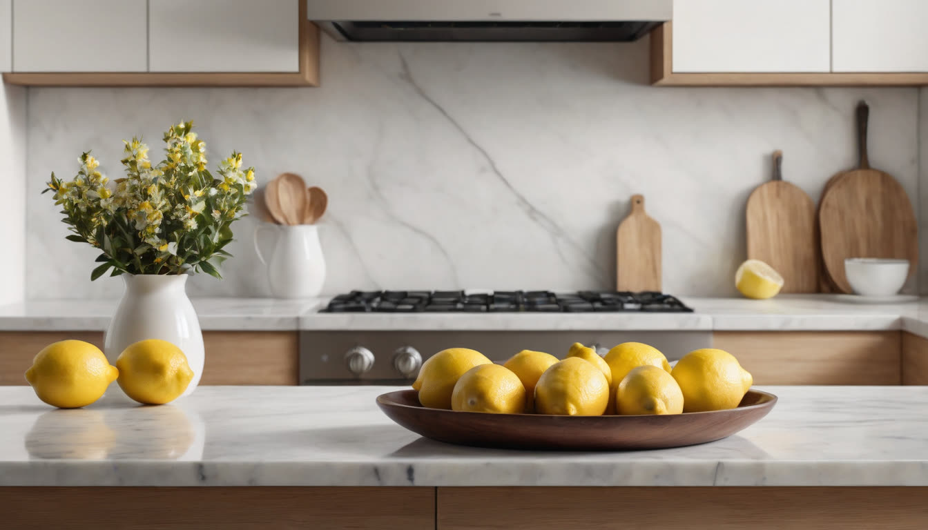 A clean, sunlit kitchen with marble countertops and a microfiber cloth, representing safe kitchen cleaning.