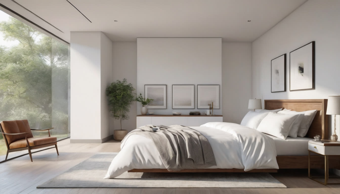 A bright and clean master bedroom with fresh white linens, representing a healthy home environment.