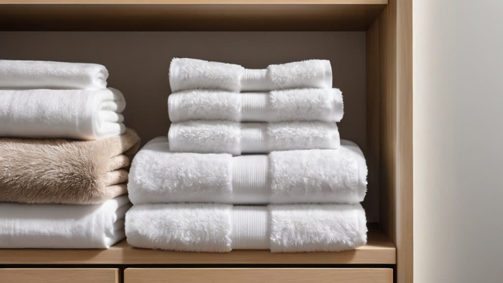 An organized linen closet showing proper rotation of bedding.