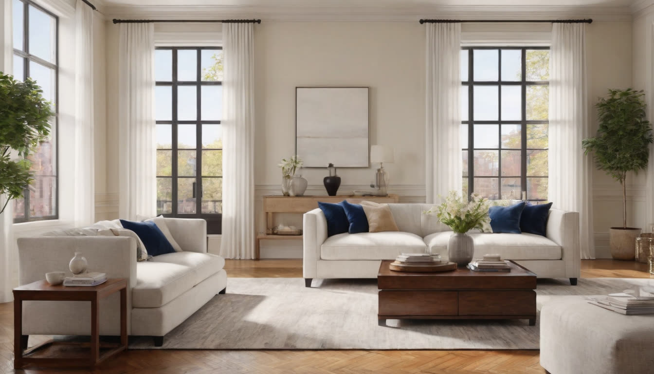 A sparkling clean and bright modern living room with polished hardwood floors.