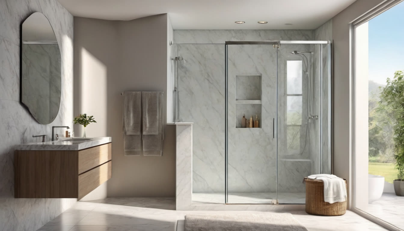 A sparkling clean modern bathroom with clear glass shower doors and a pristine marble vanity.
