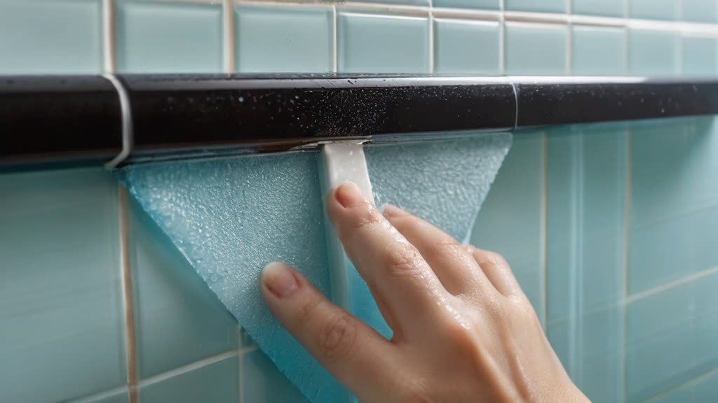 Using a squeegee to prevent water spots on a glass shower door.
