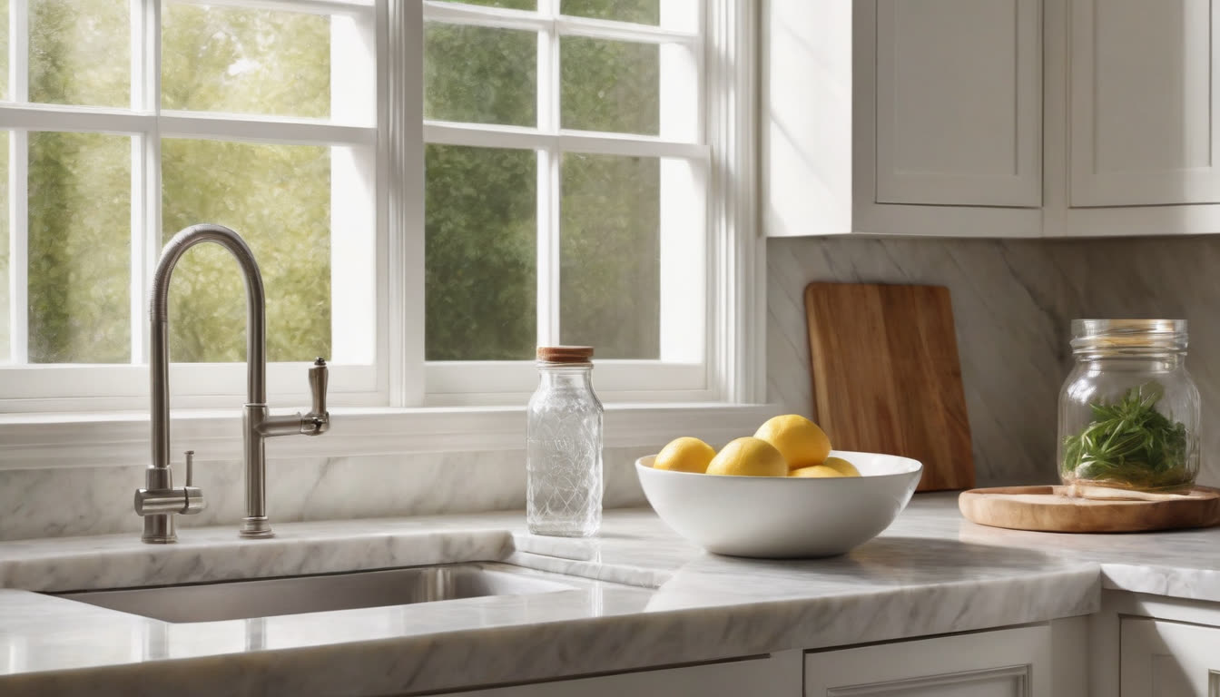 A clean, sunlit kitchen countertop featuring baking soda and vinegar, representing natural cleaning ingredients.
