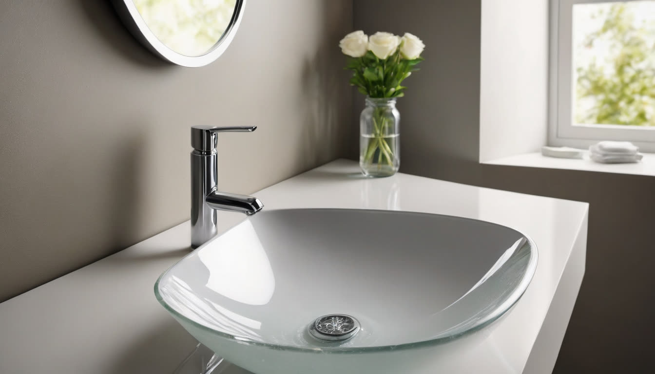 Clean bathroom sink with running water, representing home maintenance.