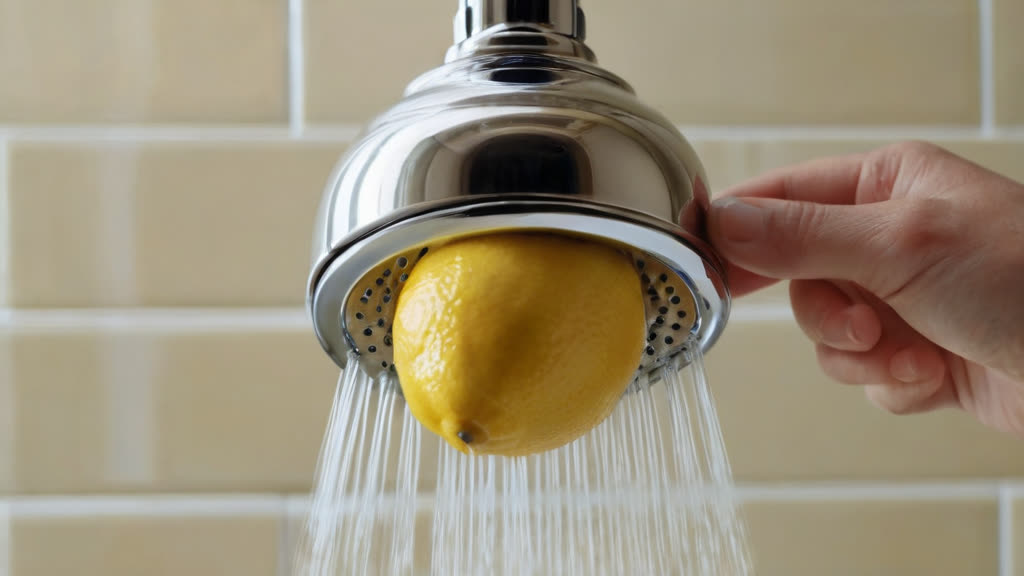 Using a lemon to clean mineral deposits from a showerhead.