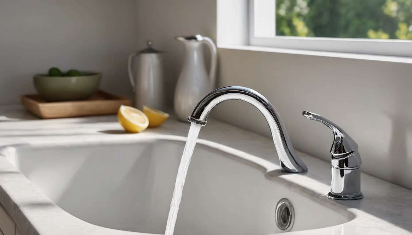 Clean water running from a chrome faucet into a white sink