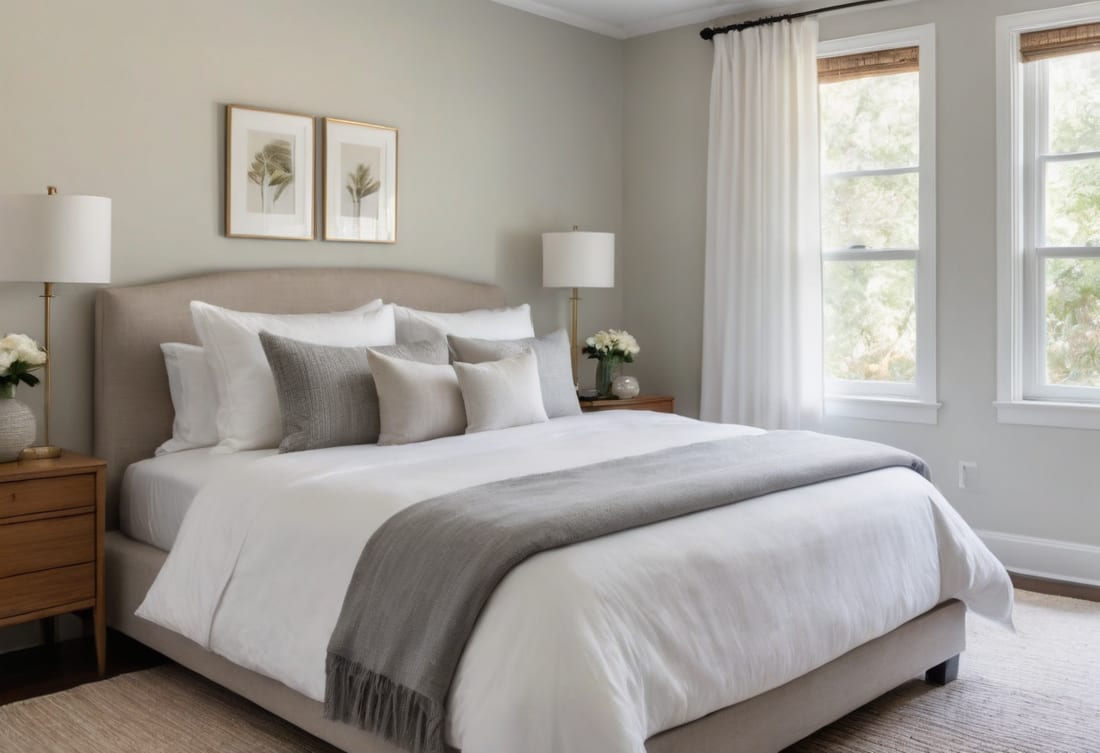 Neatly made bed in a serene, freshly cleaned bedroom