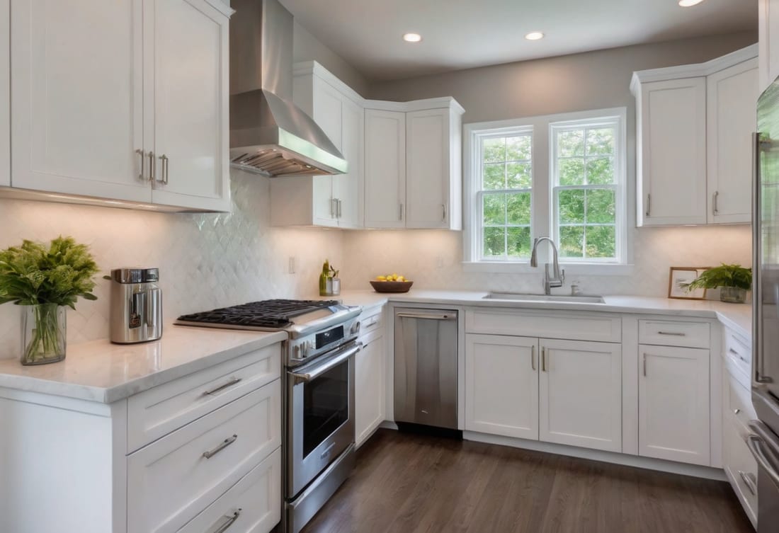 Sparkling clean kitchen with gleaming countertops and stainless steel appliances